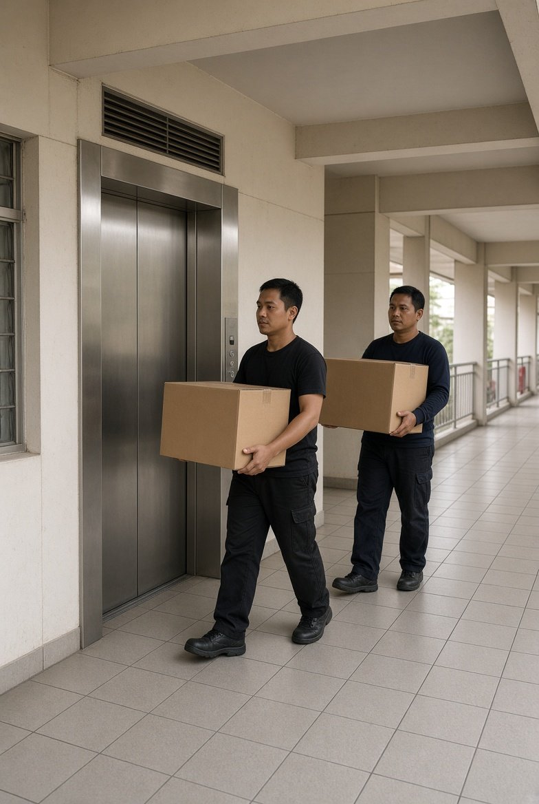 Professional movers carrying boxes into a Singapore HDB lift lobby